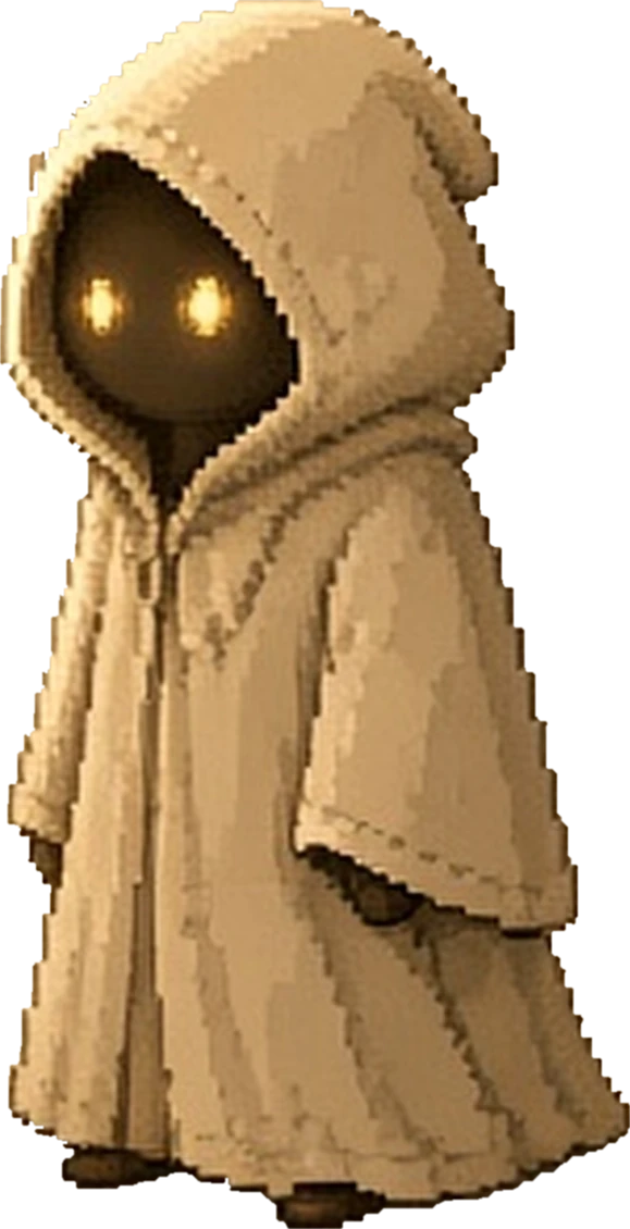 Gri, a small hooded initiate with two amber eyes